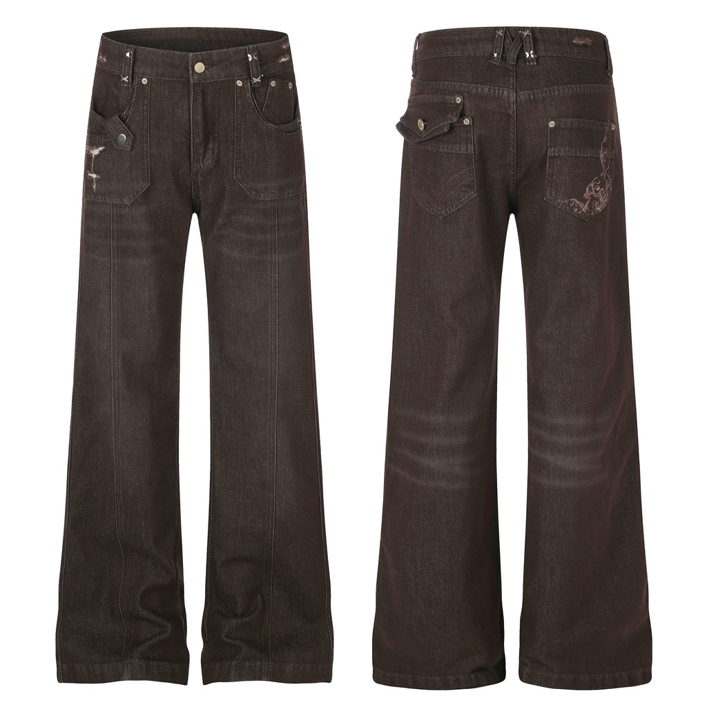 Women's High Street Embroidered Pocket Washed Distressed Cat Whisker Micro Flare Denim Jeans