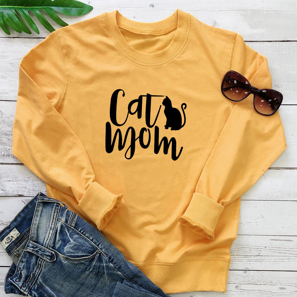 Cat Mom Printed Round Neck Hoodie
