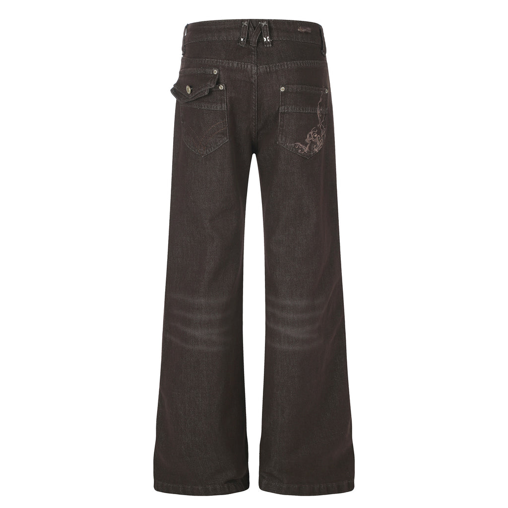 Women's High Street Embroidered Pocket Washed Distressed Cat Whisker Micro Flare Denim Jeans