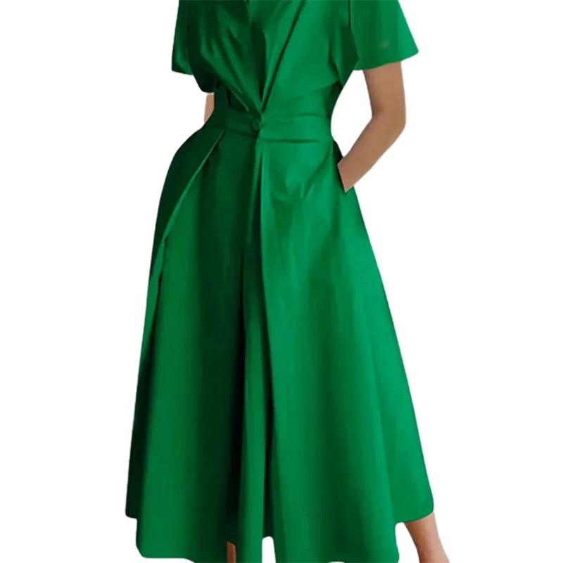 Uoozee Urban Female Stylish Selection Short Sleeve A-line Dress  Summer V-Neck High Waist Going Out Midi Dresses For Women