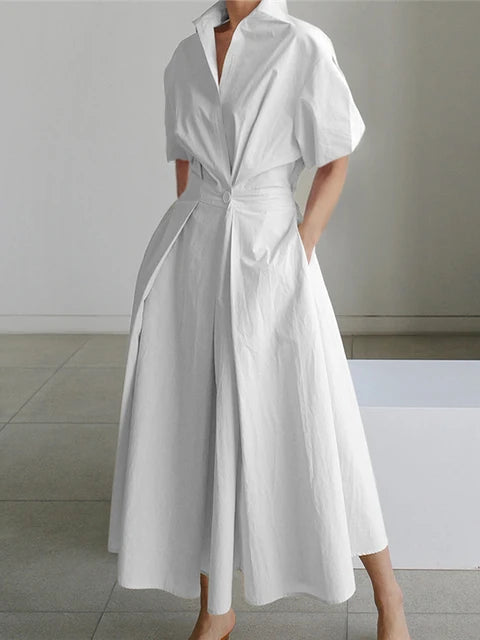 Uoozee Urban Female Stylish Selection Short Sleeve A-line Dress  Summer V-Neck High Waist Going Out Midi Dresses For Women