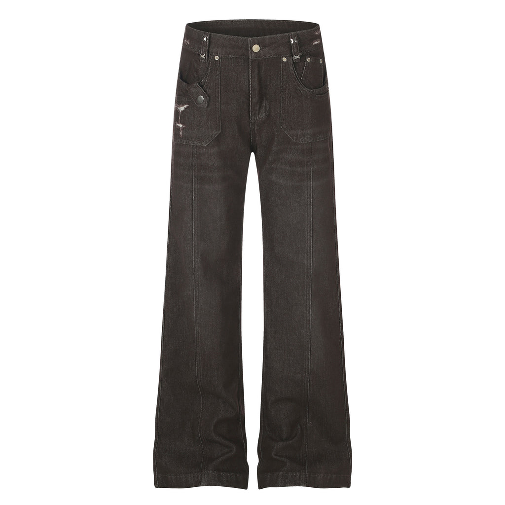 Women's High Street Embroidered Pocket Washed Distressed Cat Whisker Micro Flare Denim Jeans