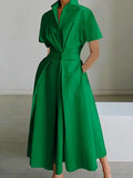 Uoozee Urban Female Stylish Selection Short Sleeve A-line Dress  Summer V-Neck High Waist Going Out Midi Dresses For Women