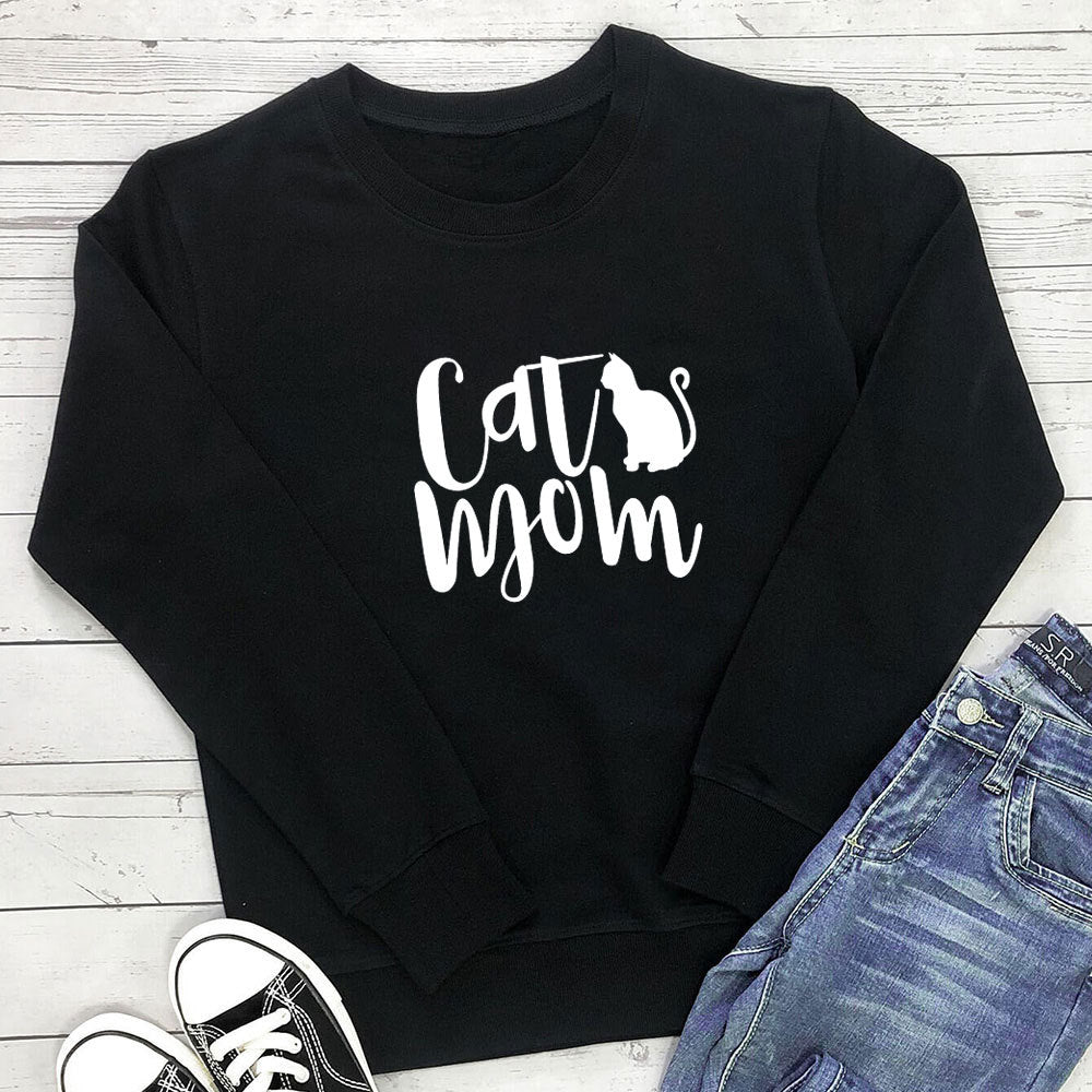 Cat Mom Printed Round Neck Hoodie