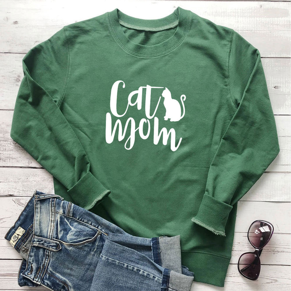 Cat Mom Printed Round Neck Hoodie