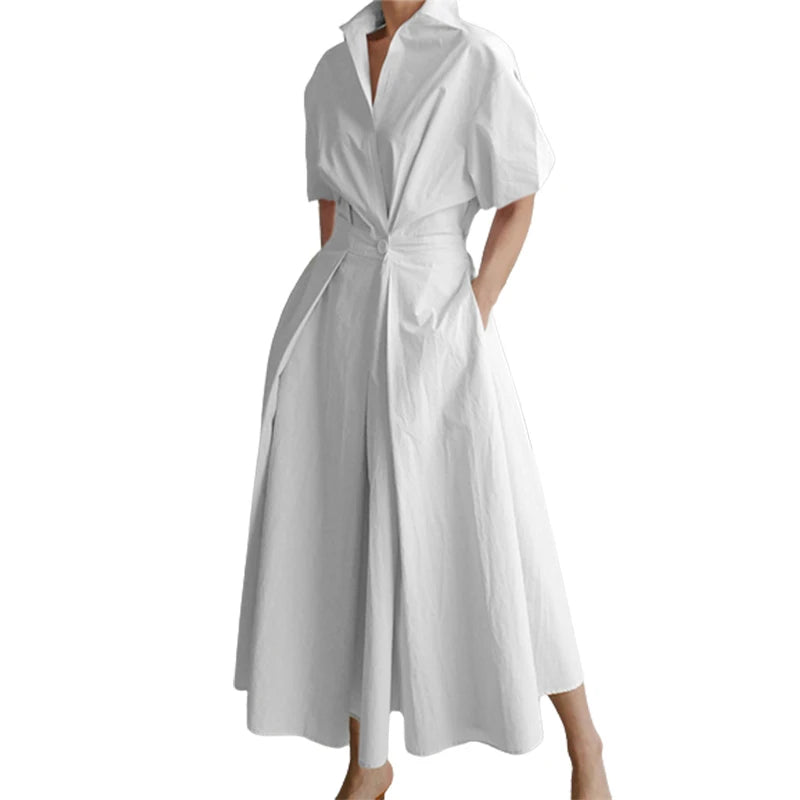 Uoozee Urban Female Stylish Selection Short Sleeve A-line Dress  Summer V-Neck High Waist Going Out Midi Dresses For Women