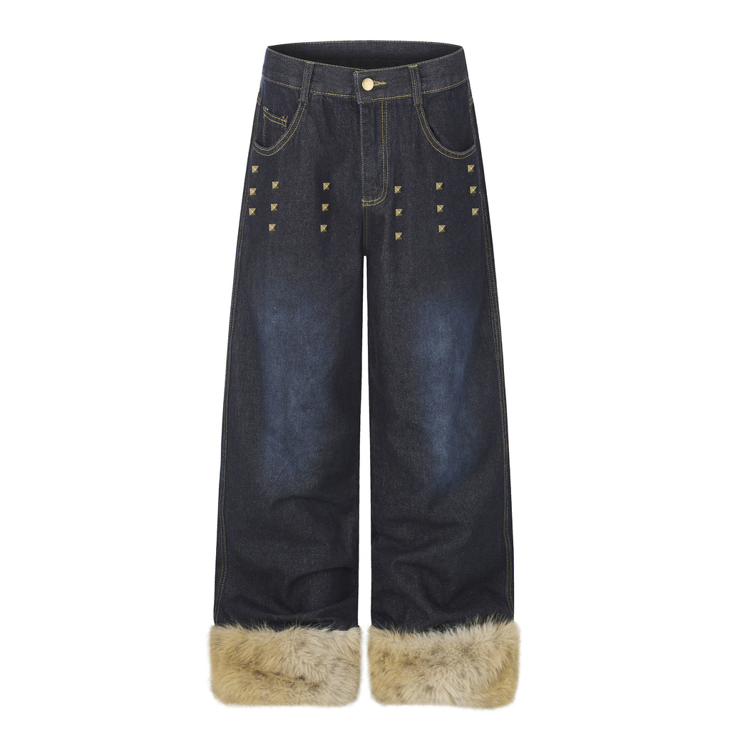 Wide Leg High Waist Washed Distressed Denim Jeans with Rivets and Frayed Hems for Women