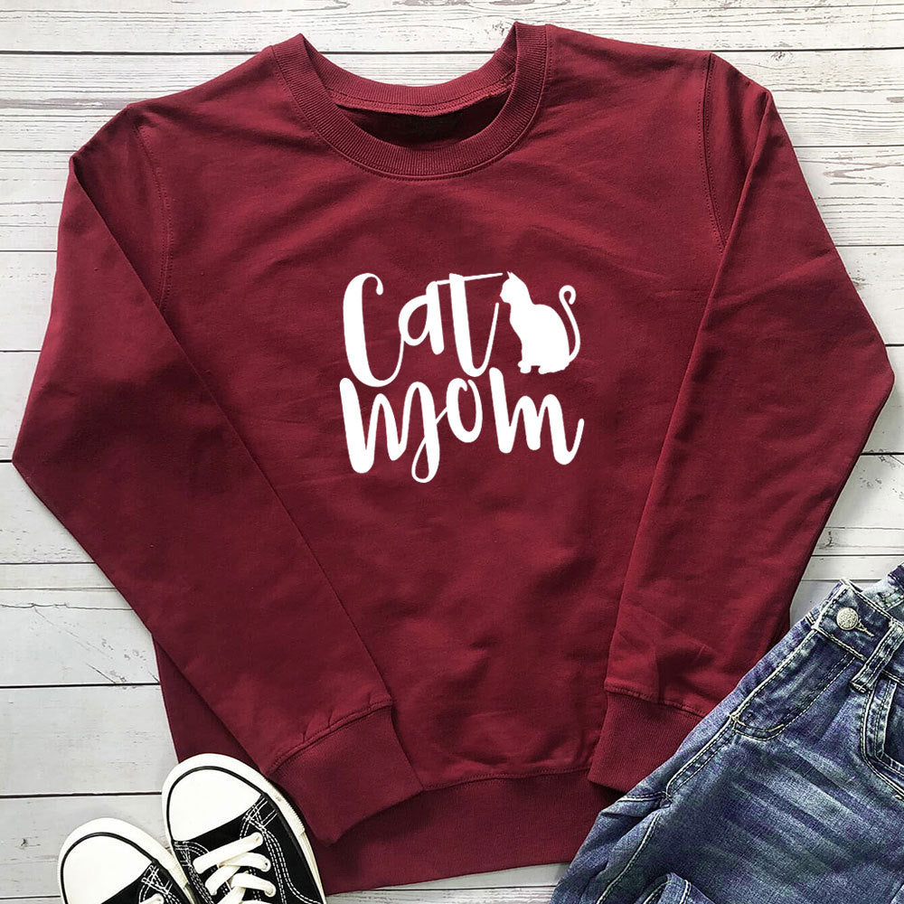 Cat Mom Printed Round Neck Hoodie