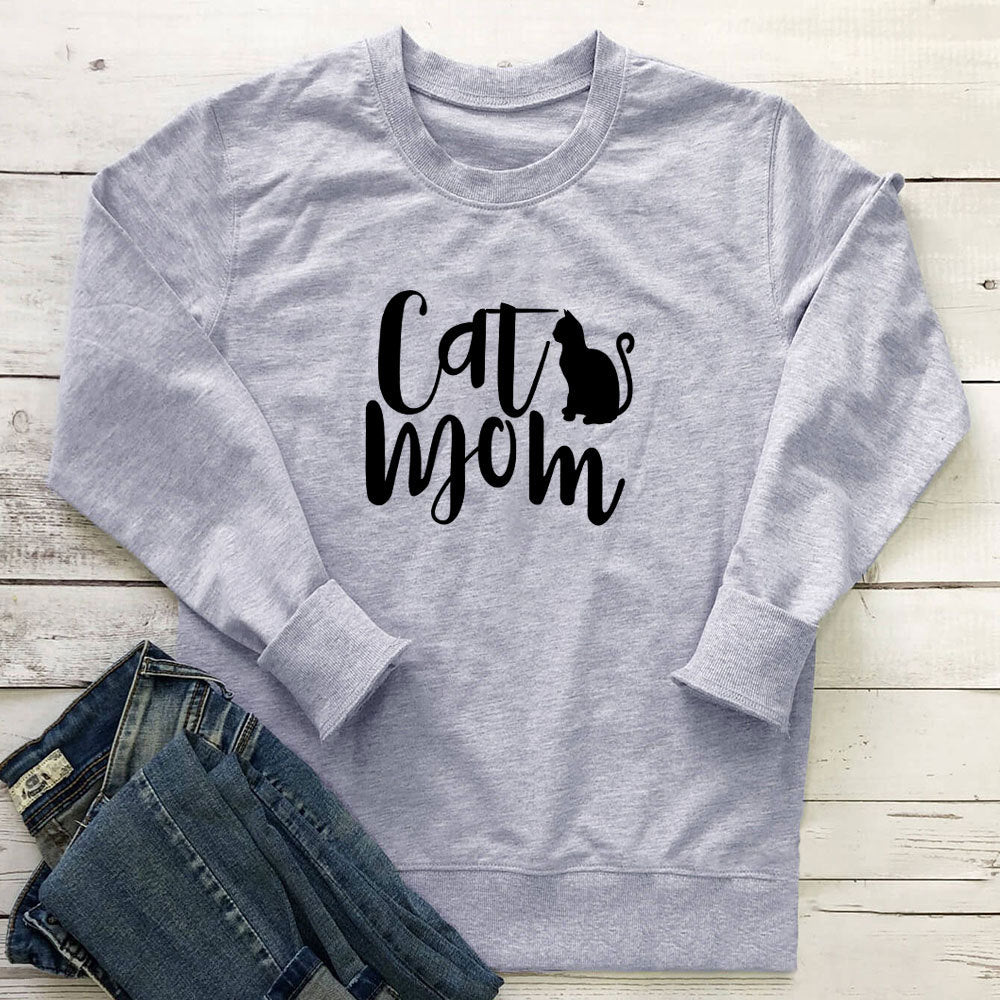 Cat Mom Printed Round Neck Hoodie