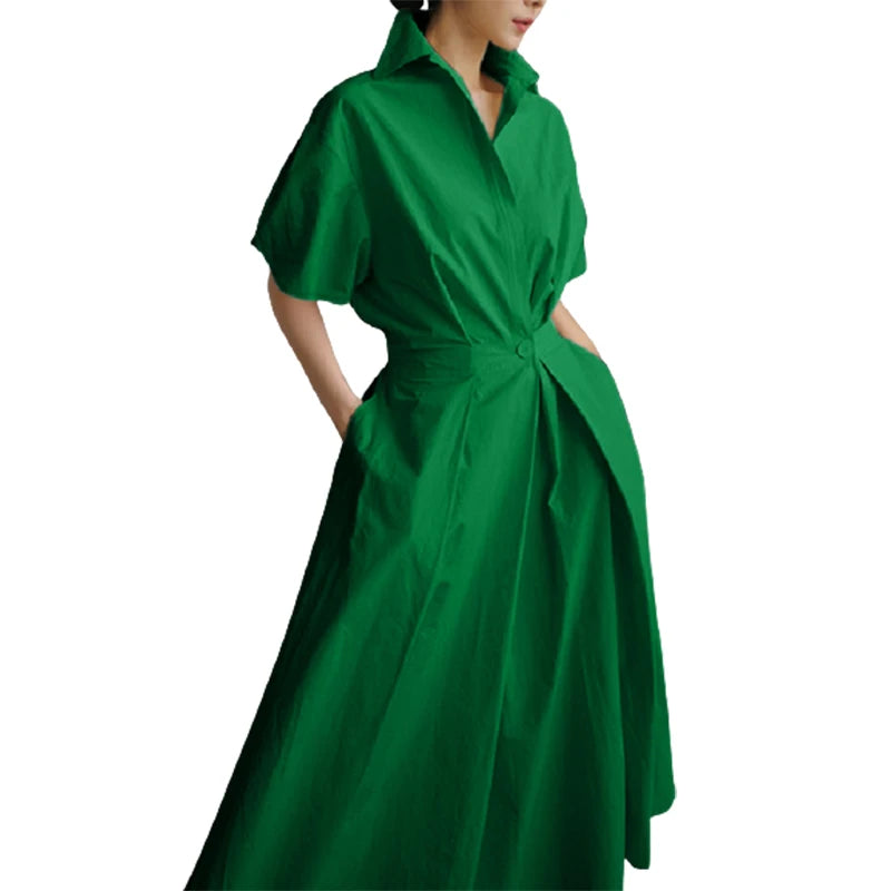 Uoozee Urban Female Stylish Selection Short Sleeve A-line Dress  Summer V-Neck High Waist Going Out Midi Dresses For Women